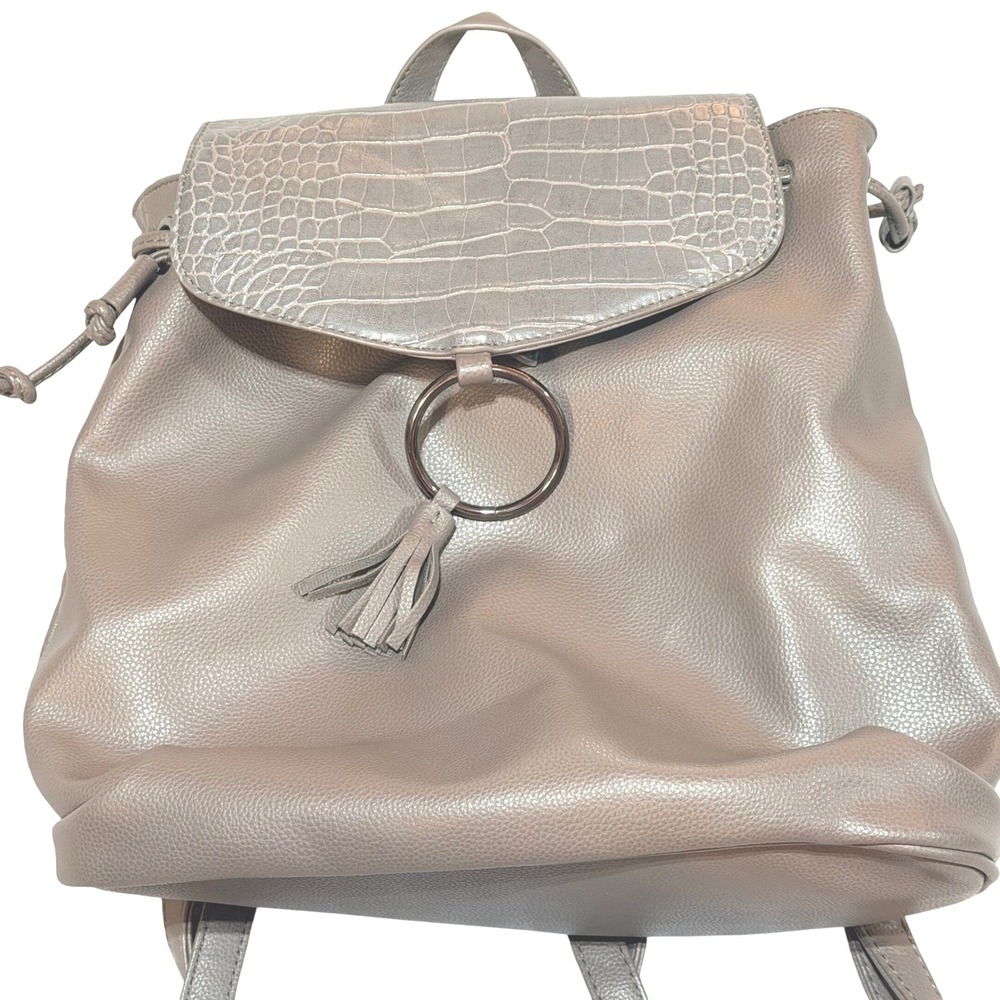 Lionel Backpack Womens Grey Faux Leather Croc Flap Tassel Drawstring Minimalist